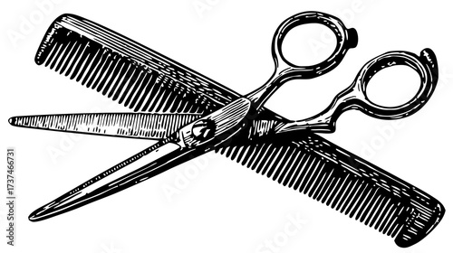 Classic barber shop tools: vintage engraved comb and scissors crossed, black and white illustration for hairdressing.