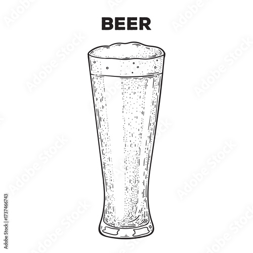 Glass of beer sketch. Hand drawn vector illustration. Gastropub, gastrobar, pub.,drink beer. Detailed design element.