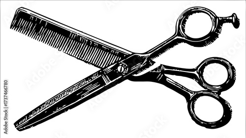 Classic monochrome illustration of professional hairdressing scissors and comb, essential tools for barber shop and hair salon grooming.