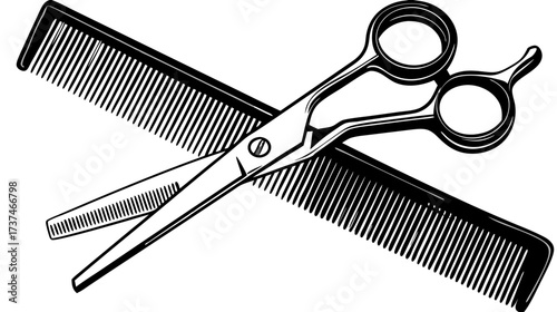 Barber shop professional tools vector illustration. Hairdresser comb and sharp scissors for salon styling, grooming, and haircutting.