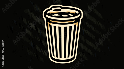Vintage style striped disposable coffee cup graphic illustration. Retro takeaway hot drink icon on a dark background.