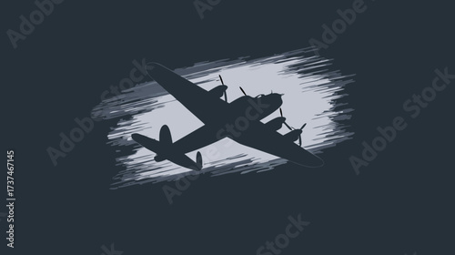 Silhouette of a vintage four-engine bomber plane flying against a dark, textured sky with an abstract brush stroke background, historical aviation illustration.