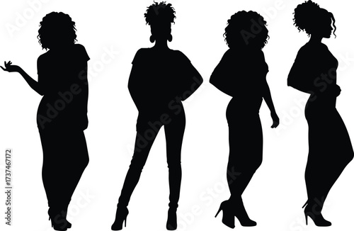 Stylish black female silhouettes in confident fashion poses with curly hair, high heels, and body-positive attitude on white background vector