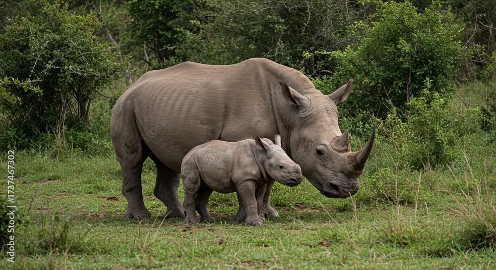 Obraz premium Majestic rhinoceros in natural habitat, symbol of strength and endangered wildlife, perfect for safari, nature, and conservation themes.