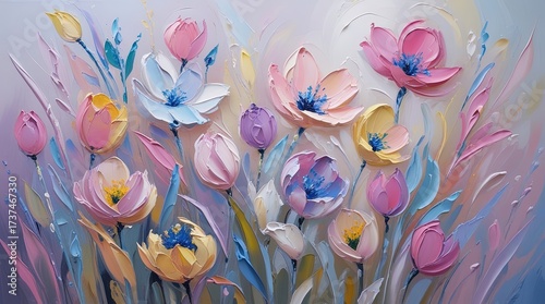 Vibrant spring flowers in abstract impasto oil painting. Colorful blooms with bold details against soft, blurred background. Warm and cool hues blend in a stunning display of color and light.