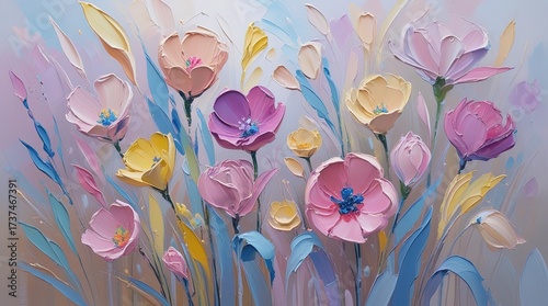 Vibrant spring flowers in abstract impasto oil painting. Colorful blooms with bold details against soft, blurred background. Warm and cool hues blend in a stunning display of color and light.