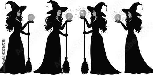 Mystical witch silhouettes with crystal ball and broomstick, magical fortune teller design perfect for spooky Halloween gothic horror vector artwork