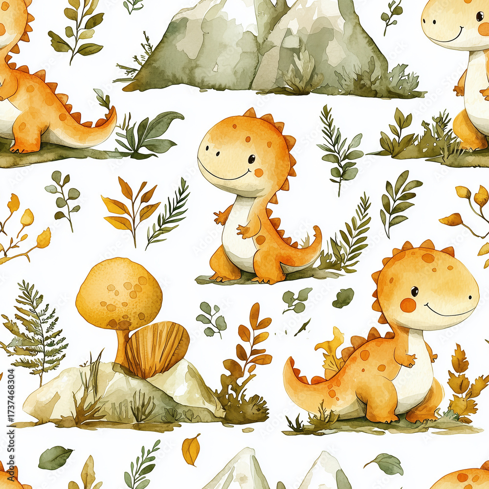Naklejka premium Seamless watercolor pattern with adorable dinosaurs, eggs, tropical leaves and mountains. Hand painted illustration perfect for children’s textiles, nursery wallpapers, baby shower designs and wrappin