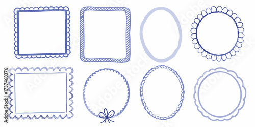 Collection of hand drawn blue decorative frames and borders in various shapes and styles