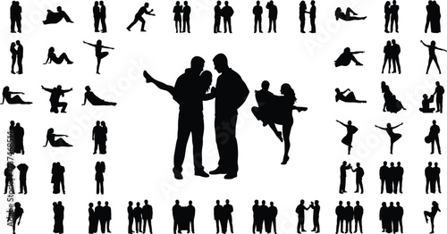 Silhouette people in various poses, dancing, talking, walking, sitting, interacting, embracing, playful movement, relationship gestures, human connection vector art