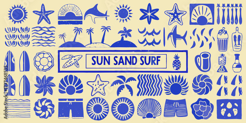 Collection of blue summer beach and ocean icons and symbols on a light yellow background