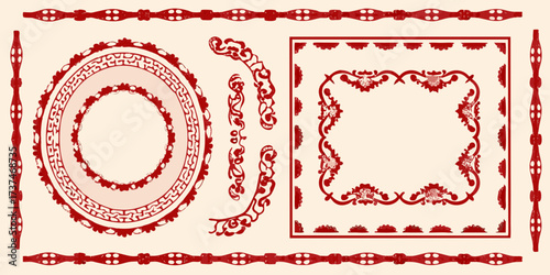 Valokuva Collection of ornate red decorative borders and frames with traditional asian in