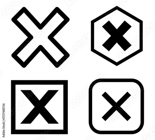 set of cross icons vector. X Symbol in Circle, Square, Hexagon Shapes, Wrong Cancel Button, Close Error Icon, Minimalist Black Silhouette Vector, UI UX Symbols, Isolated Stock Design