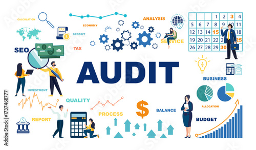 Audit is the study of records and transactions to assess their accuracy. Business people. Designing business processes and finances. Set, icons, infographics. Sign, money, dollars. Vector illustration