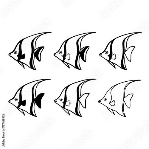 Six moorish idol fish swimming together a simple black and white vector illustration