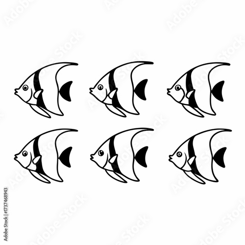 Six moorish idol fish swimming together a simple black and white vector illustration