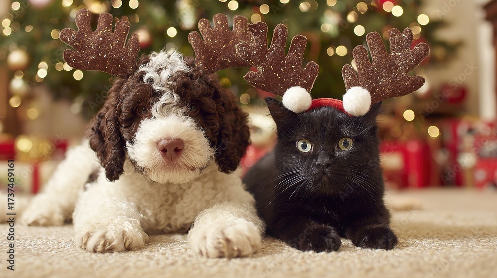 Fototapeta premium Christmas dog and cat with reindeer antlers, festive by a Christmas tree, copy space