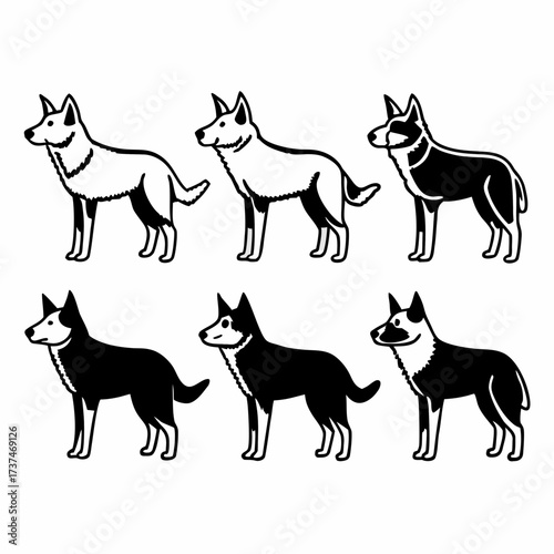 Illustration of six cartoon dogs with different markings vector art