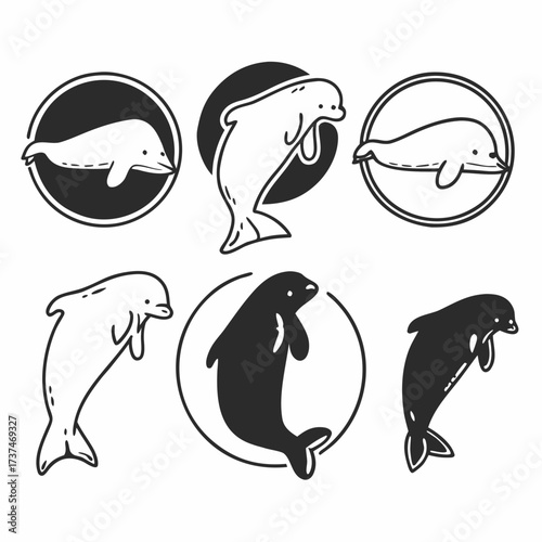 Collection of beluga whale icons in various styles, a set of cute marine mammal vector illustrations