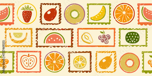 A whimsical collection of hand drawn fruits presented in decorative frames on a cream background