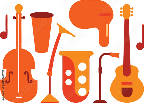 Vector icons of lounge jazz instruments and musical notes for graphic design projects
