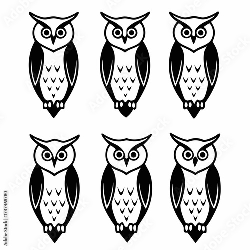 Six owls with striking eyes, creating a visually appealing pattern