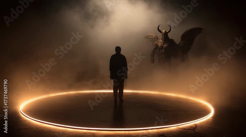 A man stands inside an orange glowing circle on the ground, facing a large winged demon figure in a smoky, dimly lit environment, creating a mysterious and dramatic scene.