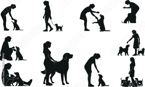Dog training silhouette set of people interacting with pets in various poses, walking, sitting, playing, bonding, and communicating