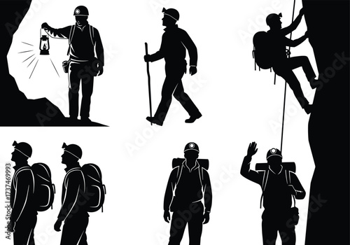 Adventure silhouettes, hiking, caving, rock climbing, outdoor exploration, helmet safety, backpack travel, nature trekking, wilderness challenge, rope climbing, lantern light, teamwork