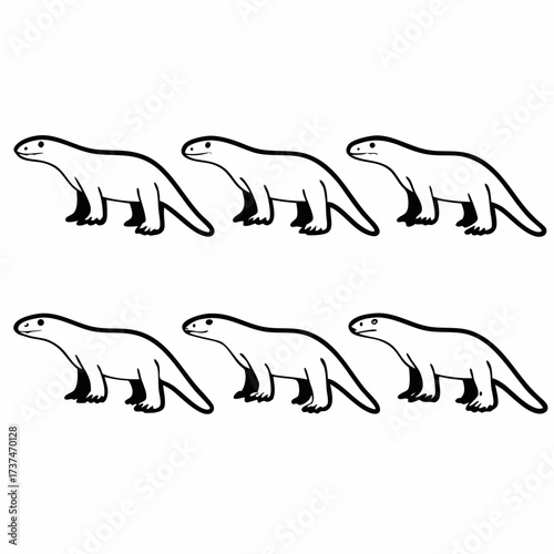 Illustration of six komodo dragons in black and white vector graphic