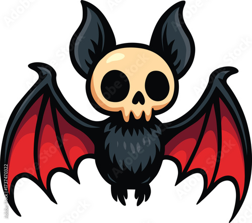 Cute spooky bat with skull head and red wings for Halloween