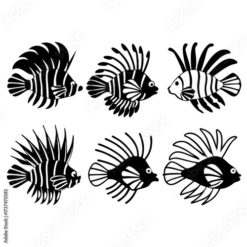 Collection of six lionfish icons, each with unique patterns and design elements