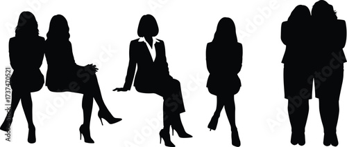 Business women silhouettes in formal attire seated and standing together, showcasing teamwork, diversity, elegance, and professional unity in workplace