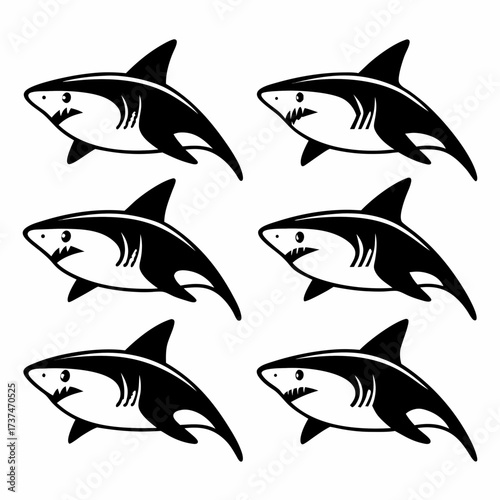 Six sharks, black and white vector illustration of marine animal in group