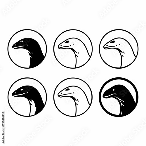 Collection of snake head icons in circle shapes, , in outline and silhouette style