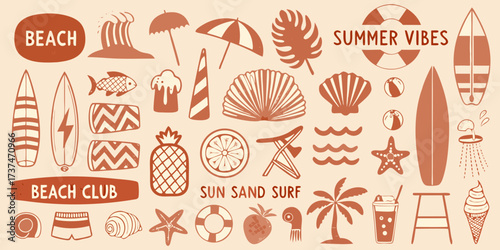 Collection of summer beach elements and icons with tropical vibes and beach club text