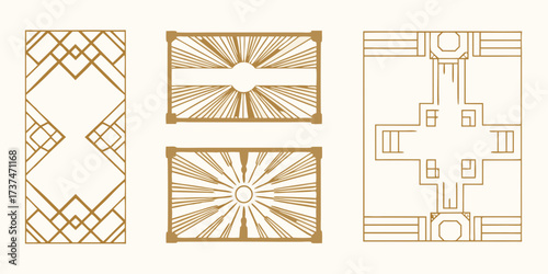 Collection of art deco geometric patterns and decorative elements in gold and cream colors
