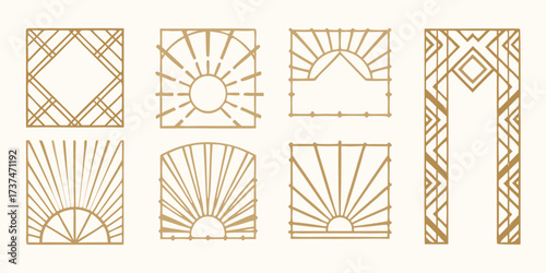 Collection of art deco geometric sunburst and diamond patterns in gold on a cream background