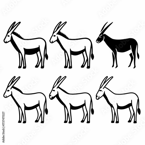 A pattern of six black and white donkeys, each in a different pose and color