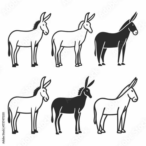 A pattern of six black and white donkeys, each in a different pose and color
