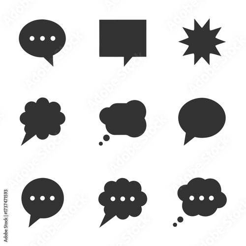 Nine Dark Gray Speech Bubbles and Thought Bubbles Icons on White message