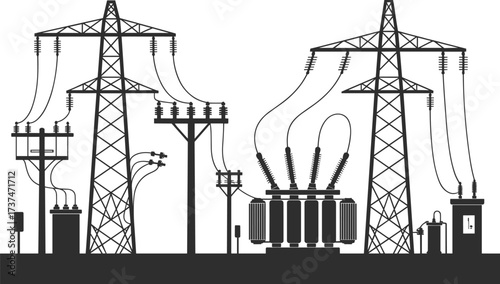 Black and white electricity substation illustration, high voltage power grid, transmission towers and transformers, electrical energy distribution infrastructure vector design