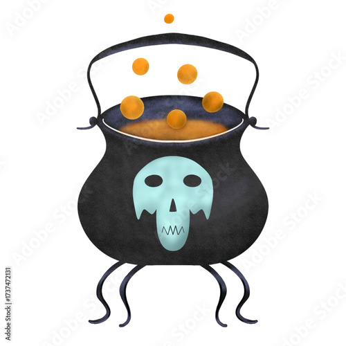 A cast-iron pot with a potion. There is a skull painted on the cauldron. A potion is being brewed. The illustration is done in colored pencils and watercolor. For decorating parties and Halloween