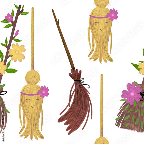 Seamless picture with a broom. Watercolor illustration with colored pencils. Halloween decoration for a young witch