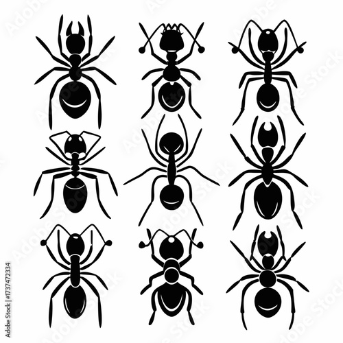 Collection of nine ant silhouettes in various poses, showcasing their segmented bodies