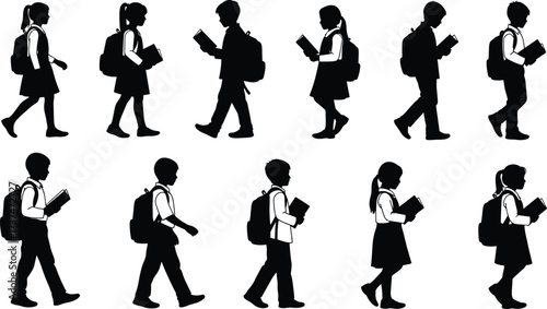 School children silhouette, walking with backpacks, student group, black figures, education routine, vector illustration, white background, youth activity, learning theme