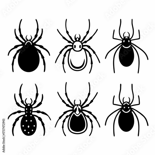 Six spiders in various designs, showcasing different artistic interpretations of the arachnid