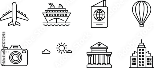 Minimalist black and white travel icons with airplane, cruise ship, passport, hot air balloon, camera, mountains, landmark, city