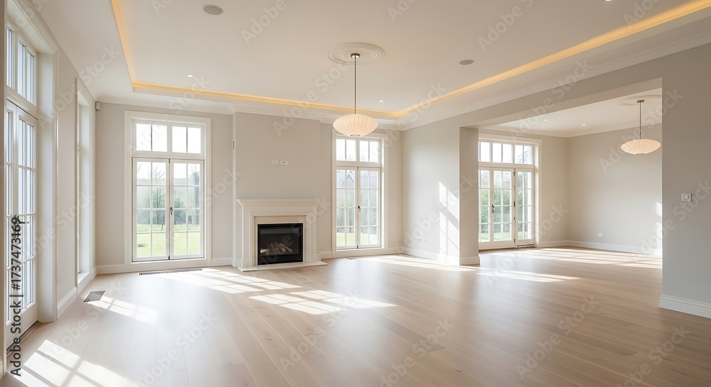 Fototapeta premium Spacious modern living room with large windows and fireplace.