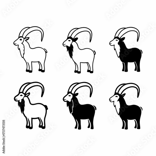 Illustrations of six goats, showcasing different color variations and body postures